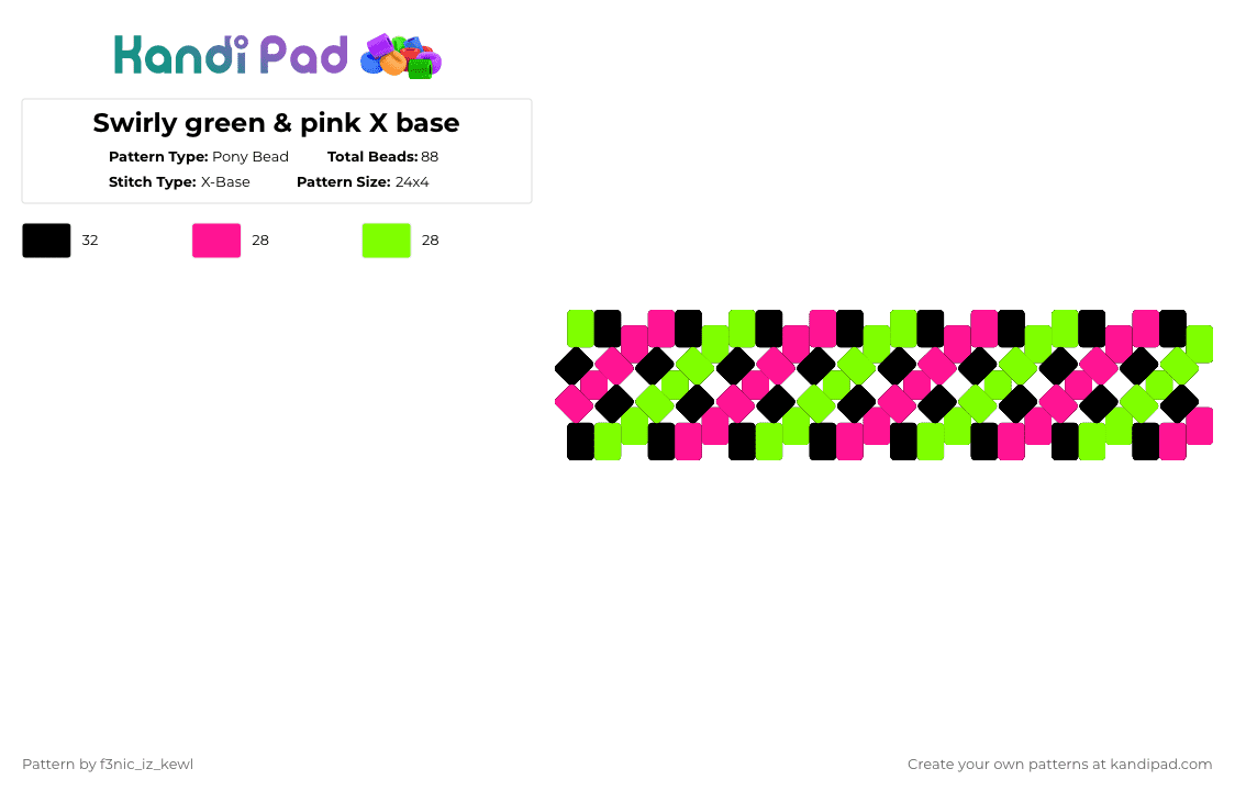 Swirly green & pink X base - Pony Bead Pattern by f3nic_iz_kewl on Kandi Pad - pink,green