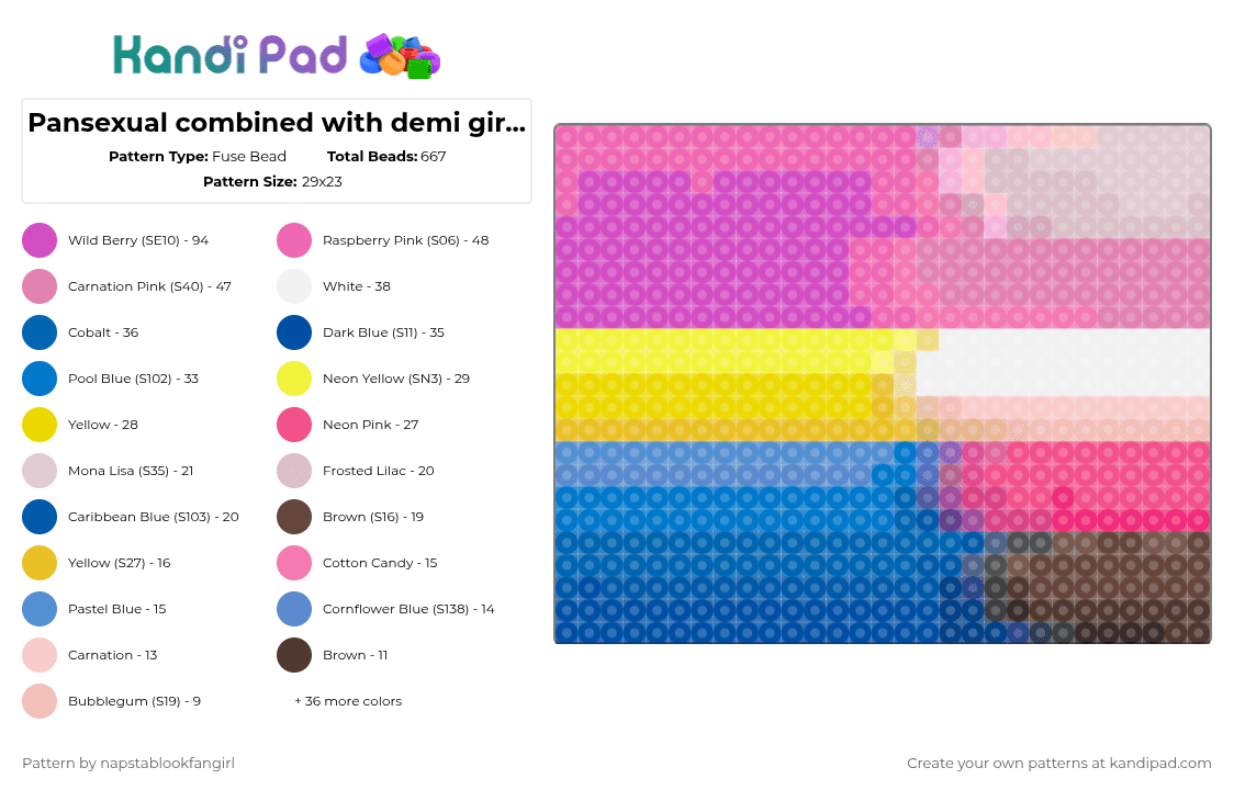Pansexual combined with demi girl flag (READ DESC) - Fuse Bead Pattern by napstablookfangirl on Kandi Pad - pink,yellow,blue