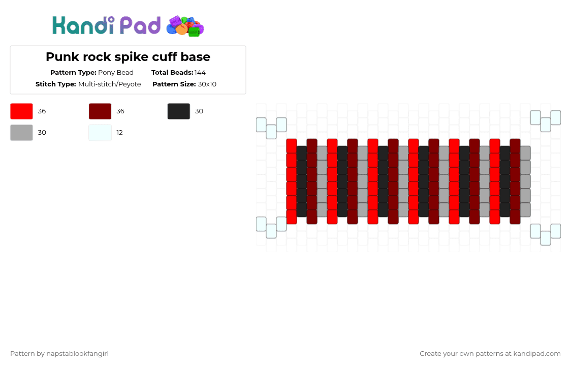 Punk rock spike cuff base - Pony Bead Pattern by napstablookfangirl on Kandi Pad - red,brown,cotdpunkrock,black,gray,maroon