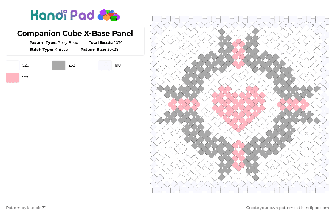 Companion Cube X-Base Panel - Pony Bead Pattern by laterain711 on Kandi Pad - white,pink,beige,portal 2,portal,companion cube