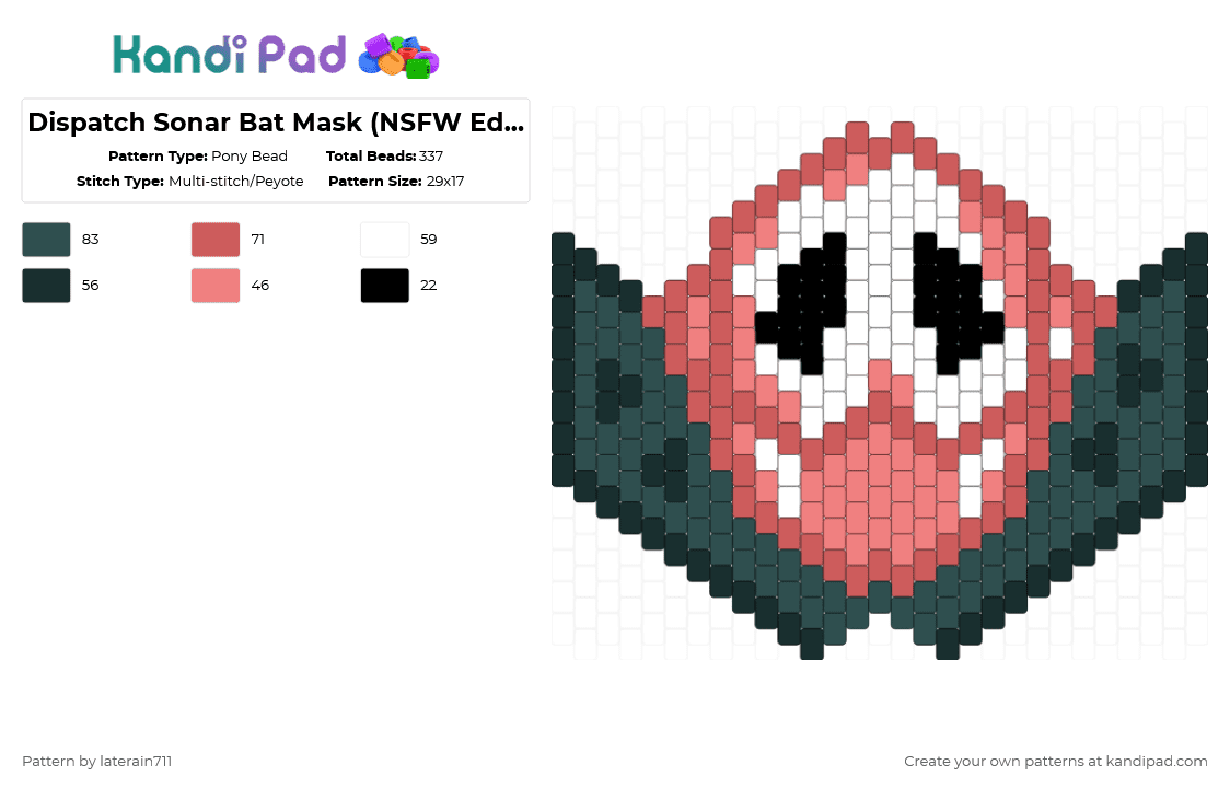 Dispatch Sonar Bat Mask (NSFW Edition) - Pony Bead Pattern by laterain711 on Kandi Pad - red,gray,dispatch,sonar,mask,bat,nsfw,drugs