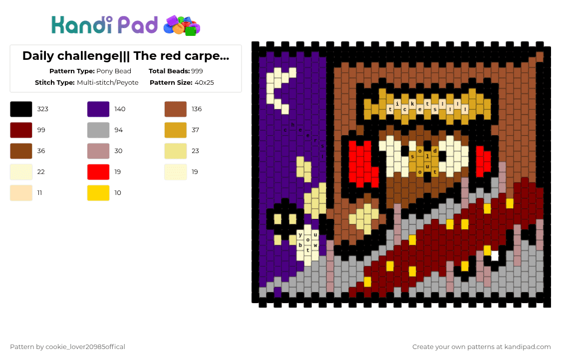Daily challenge||| The red carpet\'s waiting! - Pony Bead Pattern by cookie_lover20985offical on Kandi Pad - beige,red,purple,cotdbroadway
