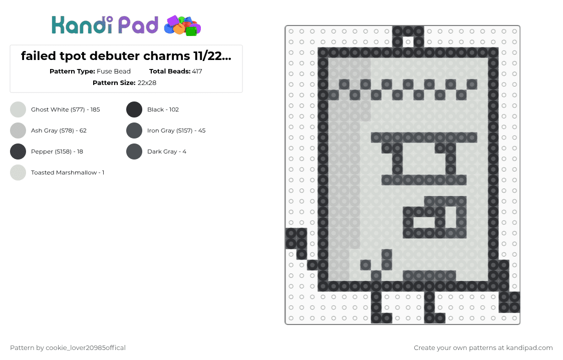 failed tpot debuter charms 11/22||| Income Tax Return Document - Fuse Bead Pattern by cookie_lover20985offical on Kandi Pad - white,purple,beige,osc,objectshows,tpot