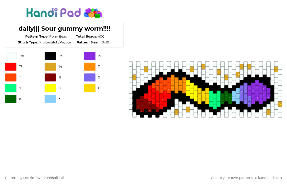 daily||| Sour gummy worm!!!! - Pony Bead Pattern by cookie_lover20985offical on Kandi Pad - white,orange,yellow,colorful,cotdsour,silly