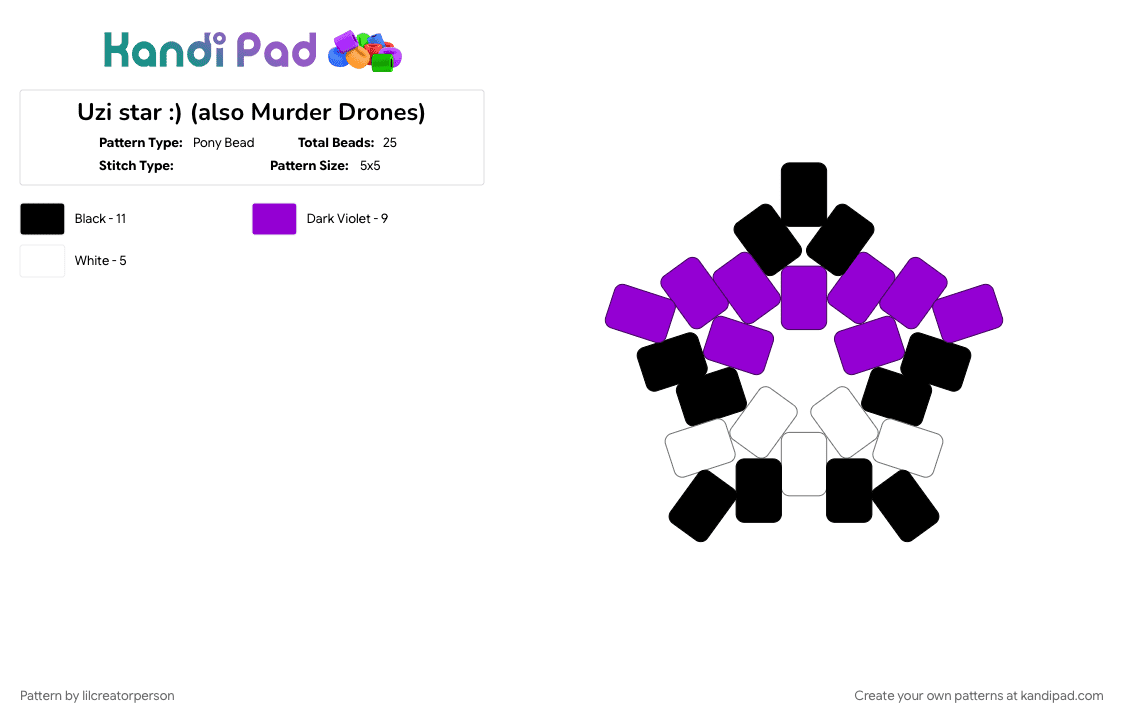 Uzi star :) (also Murder Drones) - Pony Bead Pattern by lilcreatorperson on Kandi Pad - angry emo grape, black, fandom, murder drones, purple, uzi doorman, white