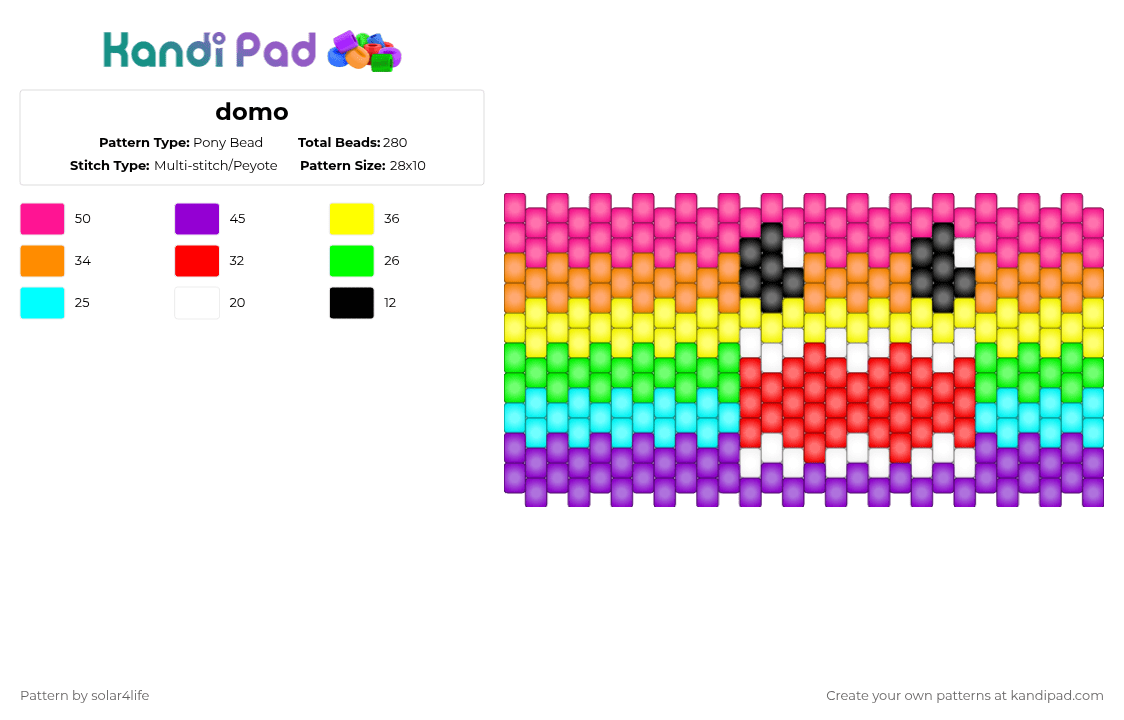 domo - Pony Bead Pattern by deleted_user_621341 on Kandi Pad - pink,yellow,colorful,rainbow,domo