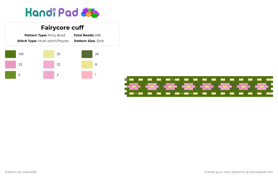 Fairycore cuff - Pony Bead Pattern by deleted_user_621341 on Kandi Pad - gold,cotdfairycore,flower,pink,green