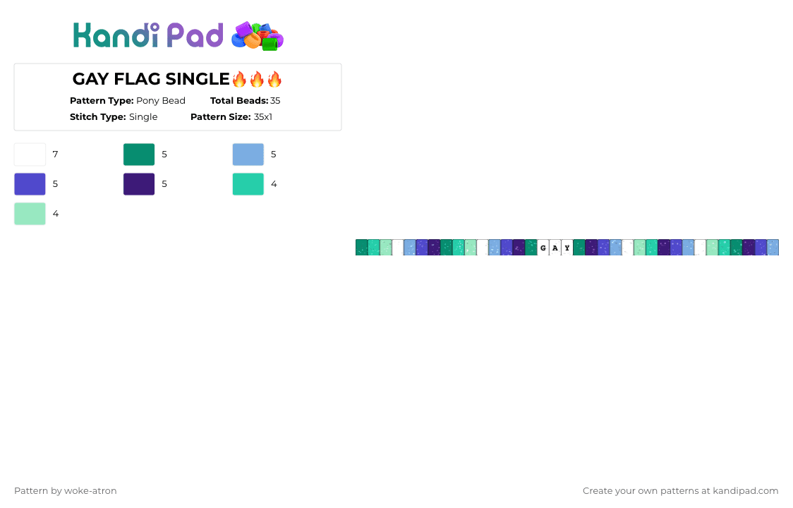 GAY FLAG SINGLE🔥🔥🔥 - Pony Bead Pattern by woke-atron on Kandi Pad - teal,purple,gay,mlm,muhluhmuh,lgbt,lgbtq,lgbtqai