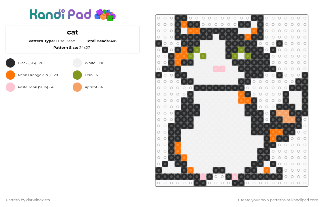 cat - Fuse Bead Pattern by deleted_user_968625 on Kandi Pad - white,orange,cat,zita,cute