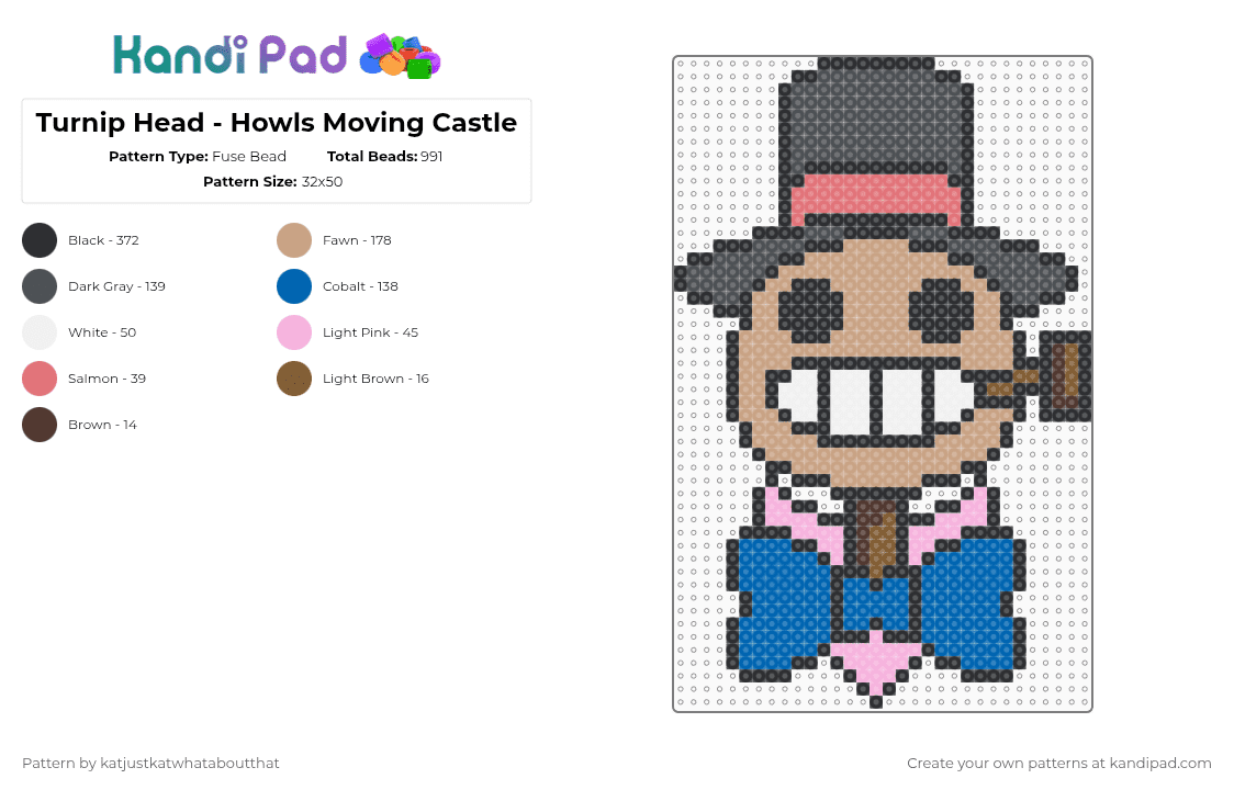Turnip Head - Howls Moving Castle - Studio Ghibli - Fuse Bead Pattern by katjustkatwhataboutthat on Kandi Pad - studio ghibli,anime