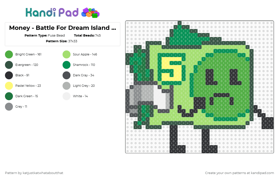 Money - Battle For Dream Island Elsewhere - Fuse Bead Pattern by katjustkatwhataboutthat on Kandi Pad - gray,green