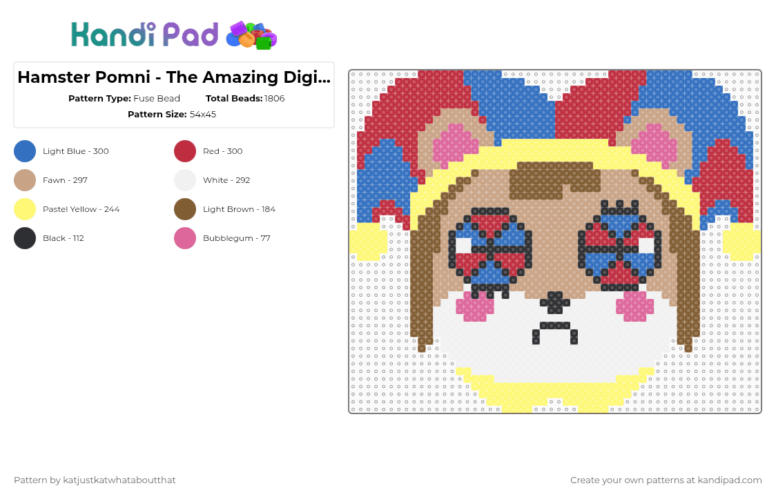 Hamster Pomni - The Amazing Digital Circus - Fuse Bead Pattern by katjustkatwhataboutthat on Kandi Pad - yellow,blue,red,beige,tadc,digital circus,the amazing digital circus