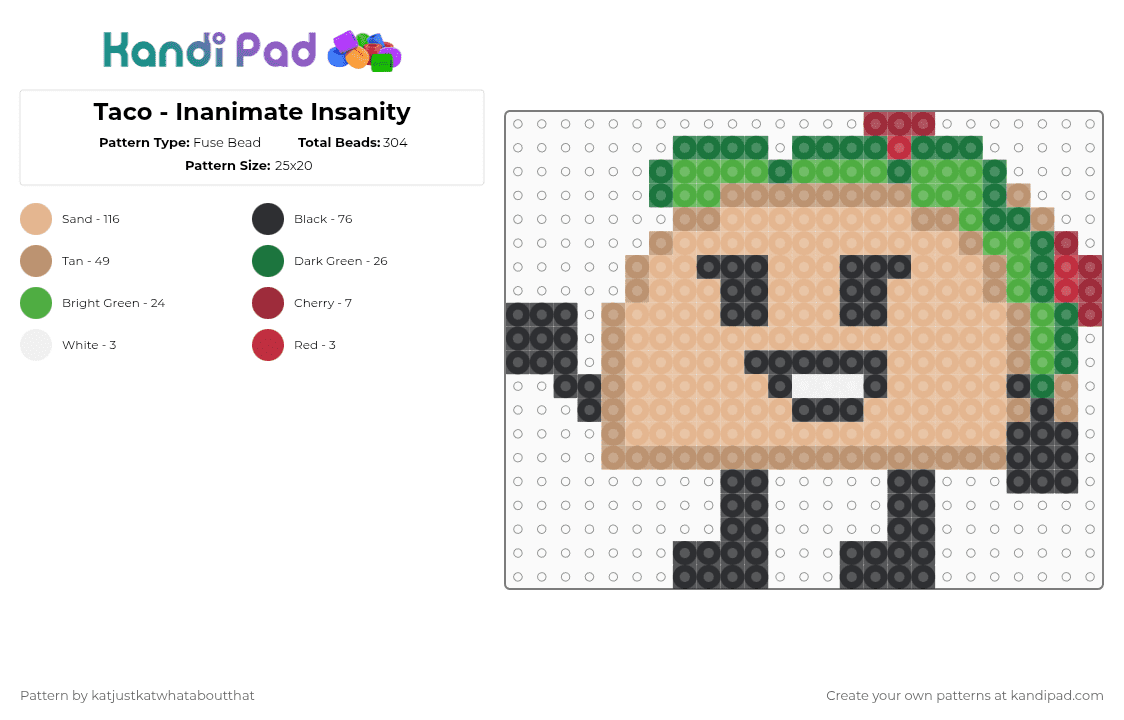 Taco - Inanimate Insanity - Fuse Bead Pattern by katjustkatwhataboutthat on Kandi Pad - beige