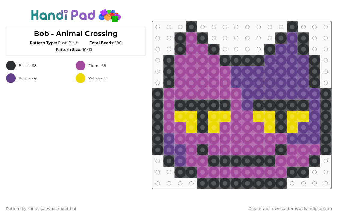 Bob - Animal Crossing - Fuse Bead Pattern by katjustkatwhataboutthat on Kandi Pad - purple,pink