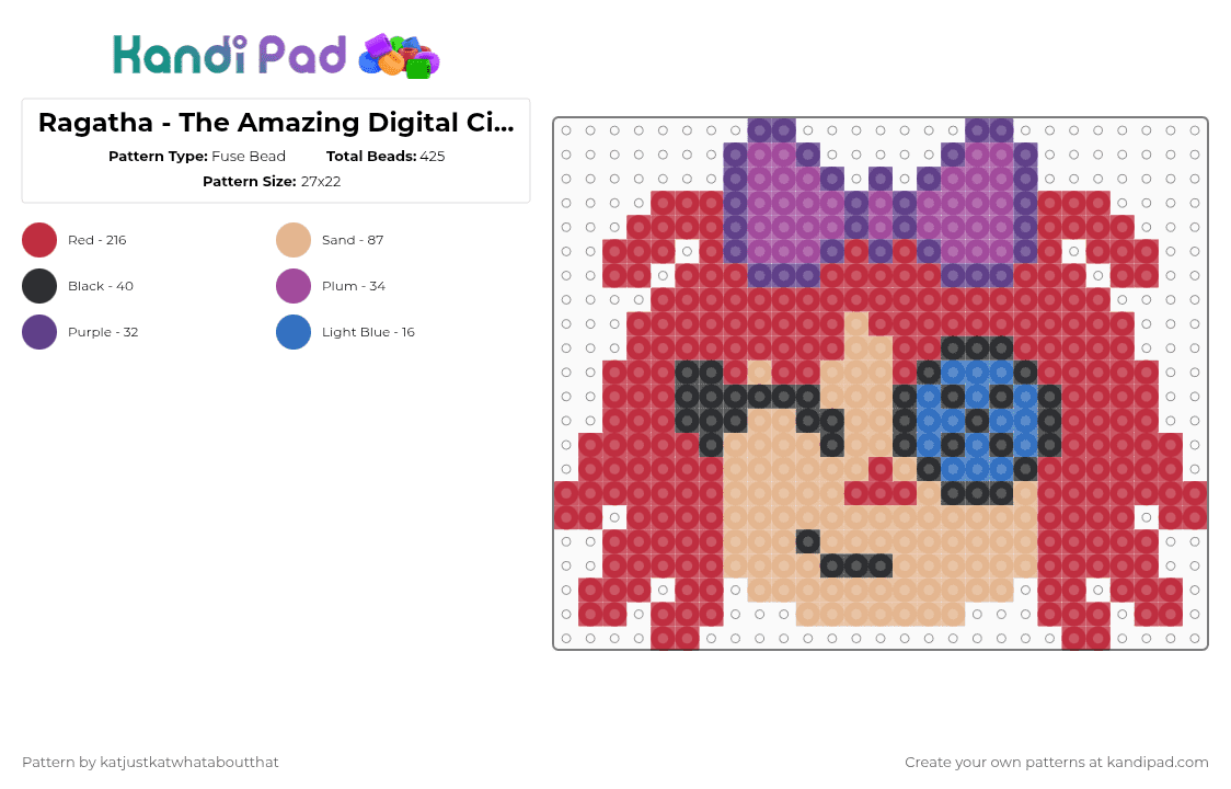 Ragatha - The Amazing Digital Circus - Fuse Bead Pattern by katjustkatwhataboutthat on Kandi Pad - red,beige