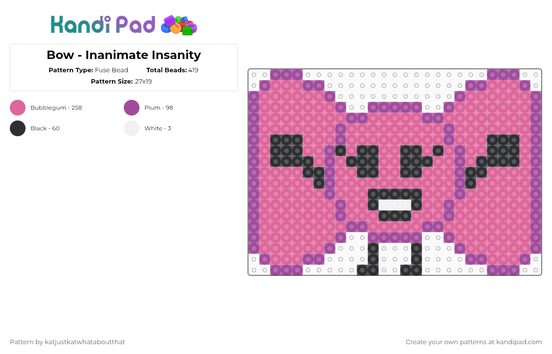 Bow (Ver 1) - Inanimate Insanity - Fuse Bead Pattern by katjustkatwhataboutthat on Kandi Pad - pink,inanimate insanity,ii,osc,object show