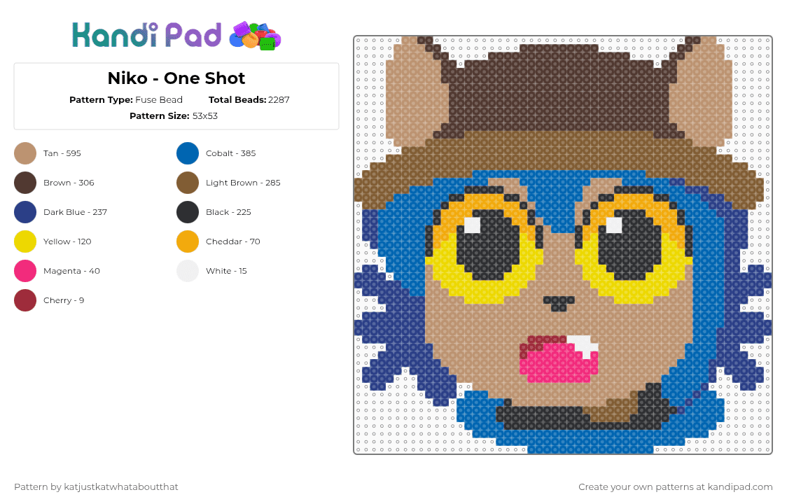Niko - OneShot - Fuse Bead Pattern by katjustkatwhataboutthat on Kandi Pad - blue,beige,tan,brown,oneshot,video games