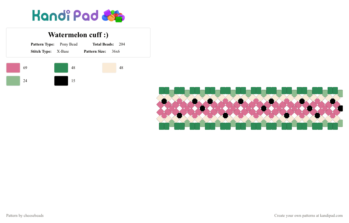 Watermelon cuff :) - Pony Bead Pattern by cheesebeads on Kandi Pad - black, cuff, fruit, green, pink, watermelon, xbase