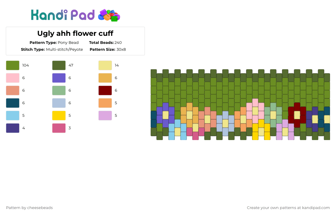 Ugly ahh flower cuff - Pony Bead Pattern by cheesebeads on Kandi Pad - colorful, flower, gold, green, multistitch, nature