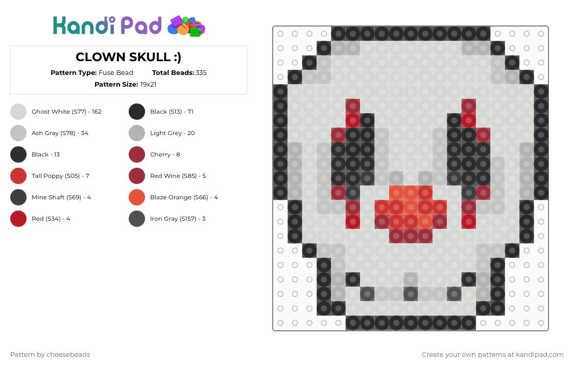CLOWN SKULL :) - Fuse Bead Pattern by cheesebeads on Kandi Pad - white,beige,red,clown,jester,skull,skeleton,emo,goth