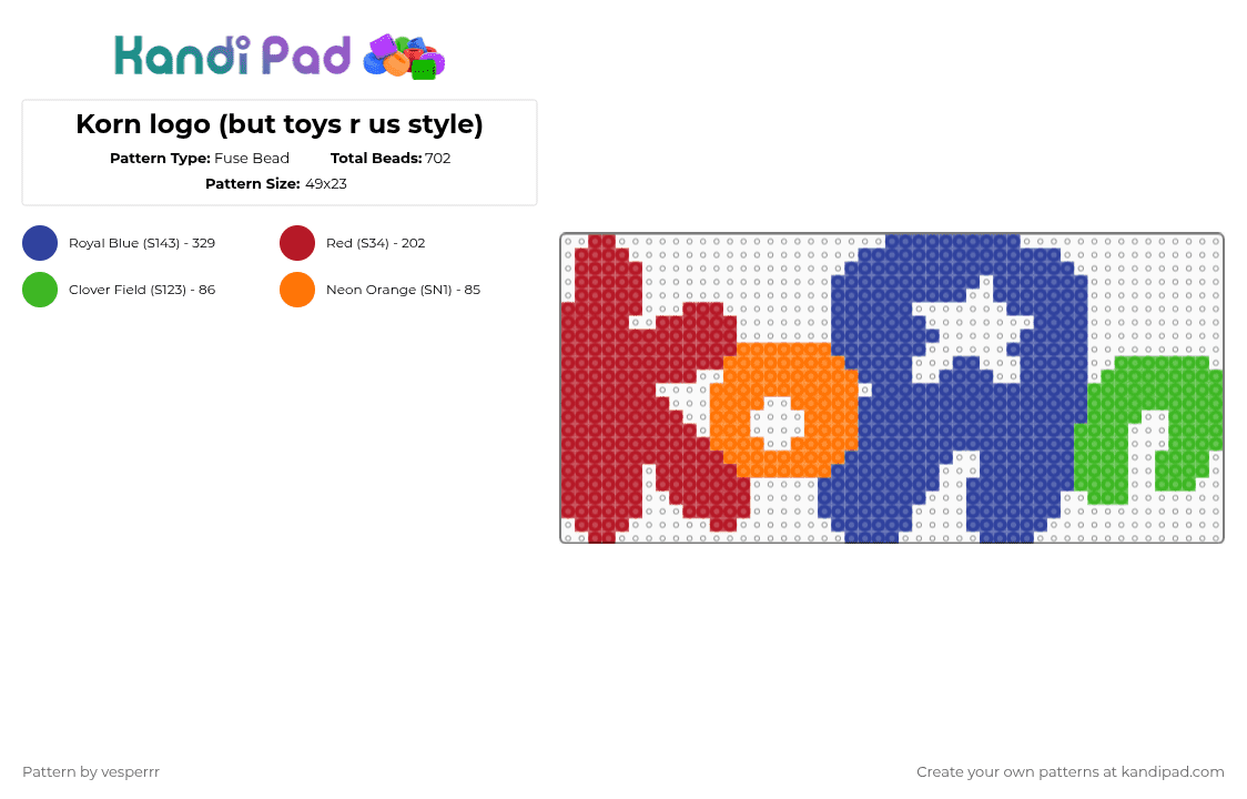 Korn logo (but toys r us style) - Fuse Bead Pattern by vesperrr on Kandi Pad - red,purple,korn,metal,toys r us,colorful,perler,band,korn band,jonathan davis