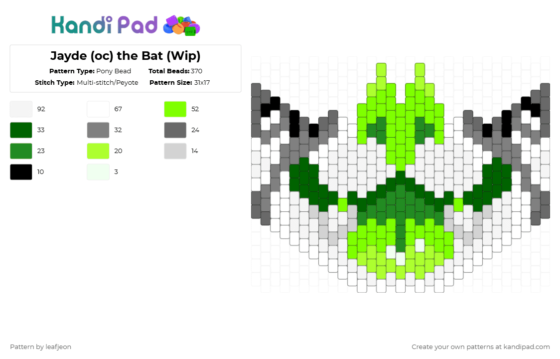 Jayde (oc) the Bat (Wip) - Pony Bead Pattern by leafjeon on Kandi Pad - gray, green