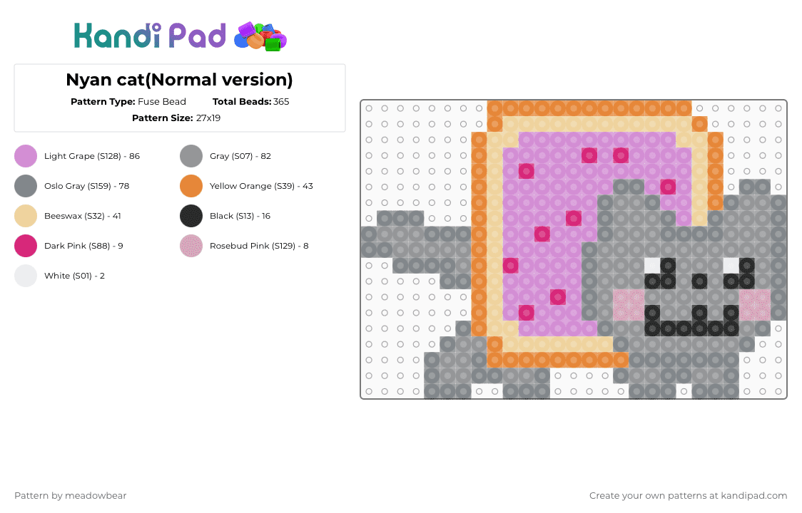 Nyan cat(Normal version) - Fuse Bead Pattern by meadowbear on Kandi Pad - gray,pink