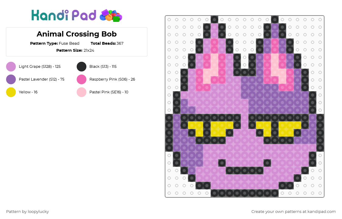 Animal Crossing Bob - Fuse Bead Pattern by loopylucky on Kandi Pad - pink,animal crossing,bob,cat,character,video game,purple