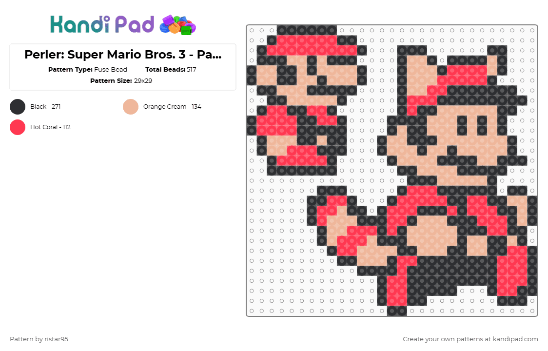 Perler: Super Mario Bros. 3 - Page 1 - Fuse Bead Pattern by ristar95 on Kandi Pad - red,beige,mario3