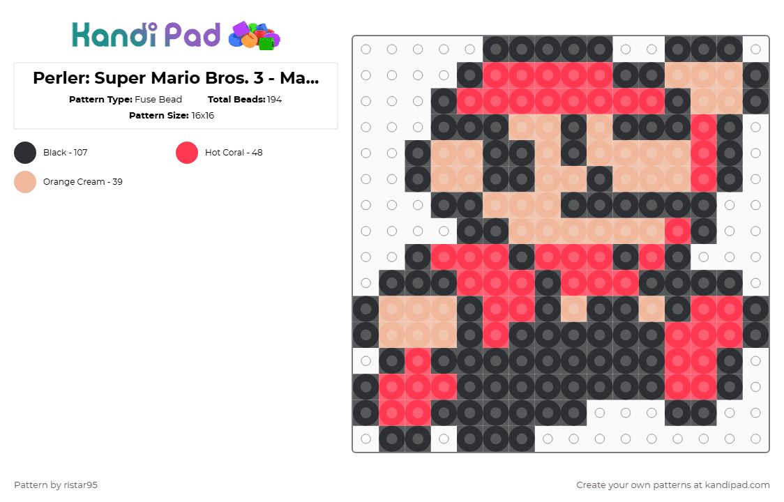 Perler: Super Mario Bros. 3 - Mario Jumping (Page 5) - Fuse Bead Pattern by ristar95 on Kandi Pad - red,beige,mario3