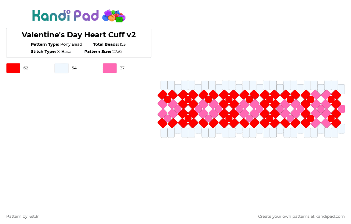 Valentine\'s Day Heart Cuff v2 - Pony Bead Pattern by 4st3r on Kandi Pad - red,pink,valentines day,hearts,cute,white,cotdboldcolors,rainbow