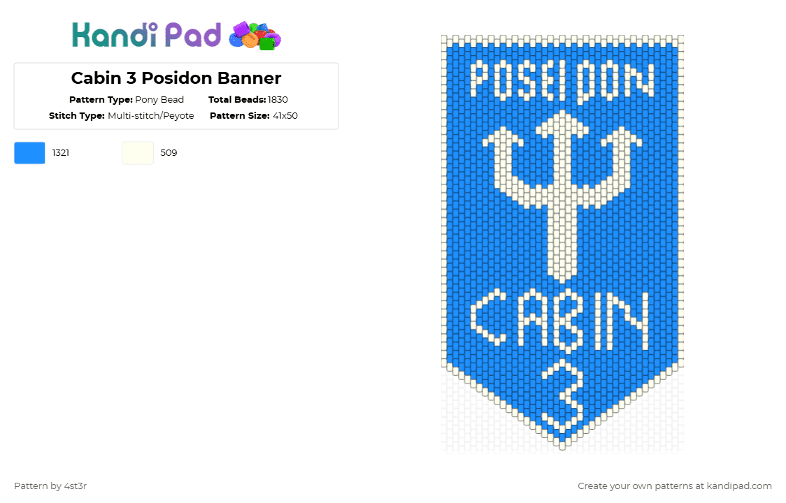 Cabin 3 Posidon Banner - Pony Bead Pattern by 4st3r on Kandi Pad - white,light blue,banner,pjo,percy jackson,hoo,blue,posidon