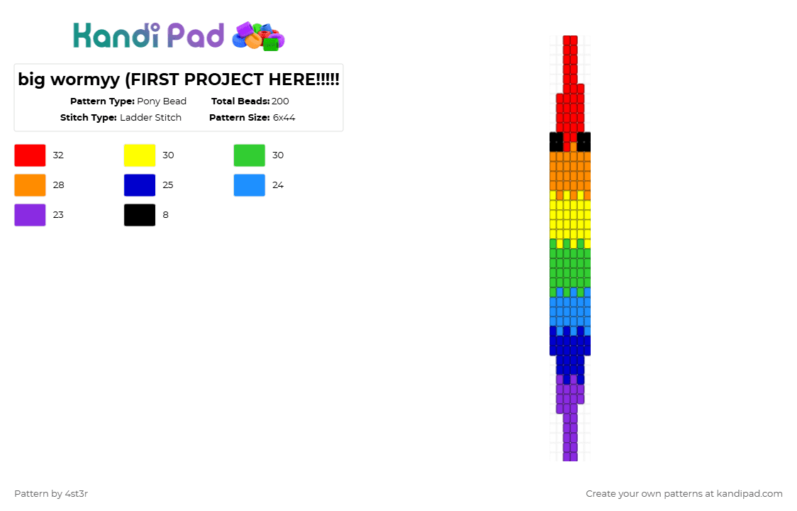 big wormyy (FIRST PROJECT HERE!!!!! - Pony Bead Pattern by 4st3r on Kandi Pad - red,yellow,green,purple