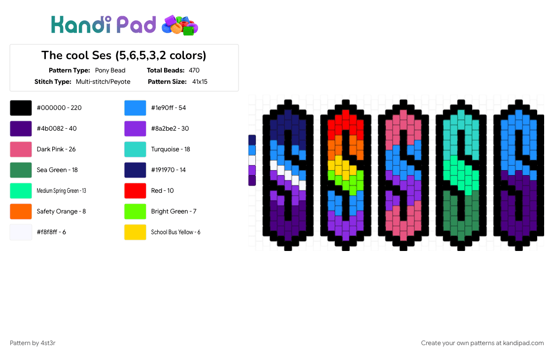 The cool Ses (5,6,5,3,2 colors) - Pony Bead Pattern by 4st3r on Kandi Pad - black, light blue, purple, teal