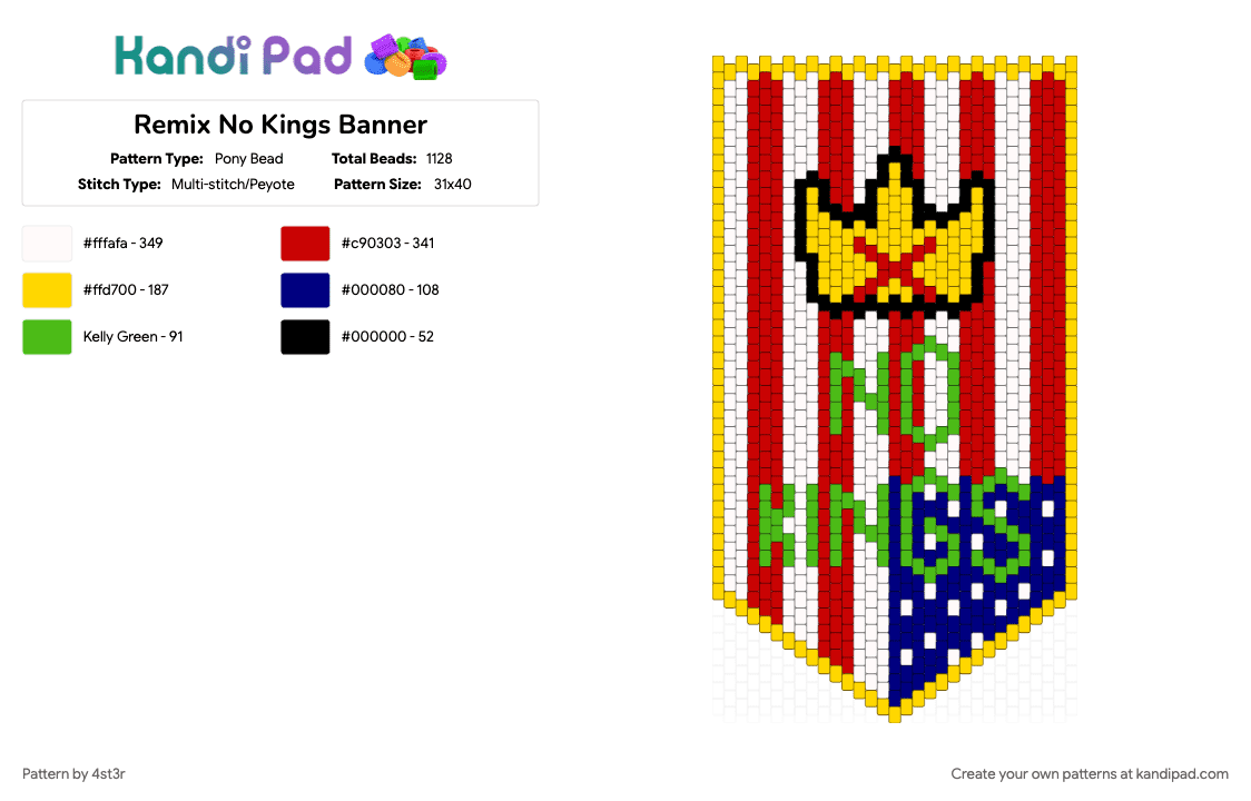 Remix No Kings Banner - Pony Bead Pattern by 4st3r on Kandi Pad - red, yellow