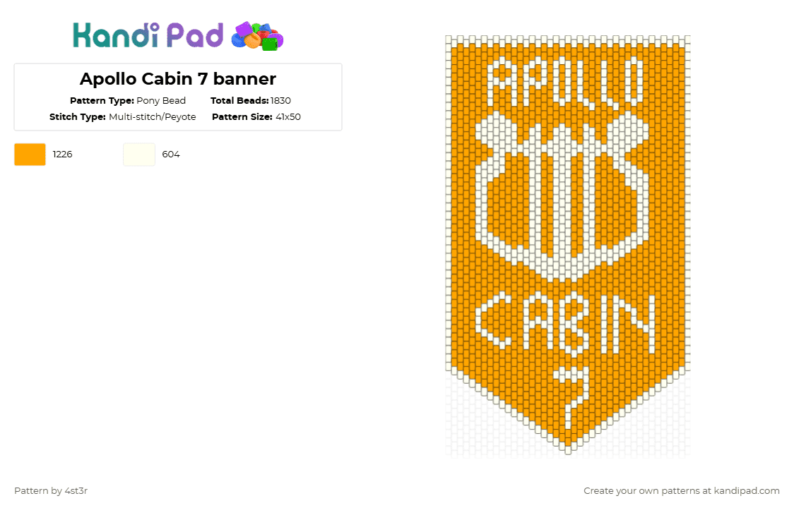 Apollo Cabin 7 banner - Pony Bead Pattern by 4st3r on Kandi Pad - white,orange,banner,pjo,percy jackson,hoo