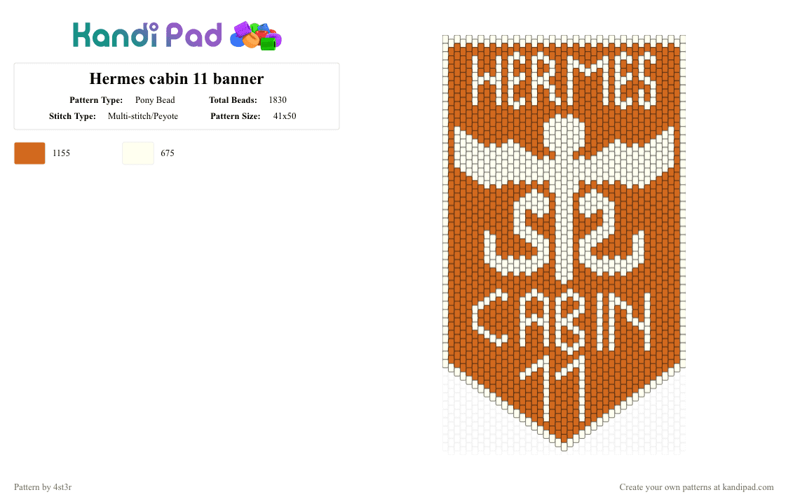 Hermes cabin 11 banner - Pony Bead Pattern by 4st3r on Kandi Pad - white,orange,banner,pjo,percy jackson,hoo