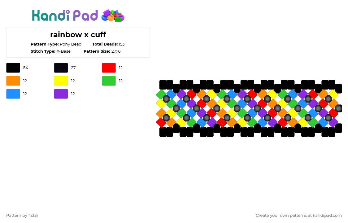 rainbow x cuff - Pony Bead Pattern by 4st3r on Kandi Pad - black,orange,green,purple,colorful,cotdboldcolors,rainbow