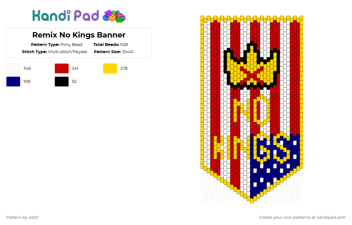 Remix No Kings Banner - Pony Bead Pattern by 4st3r on Kandi Pad - yellow,red