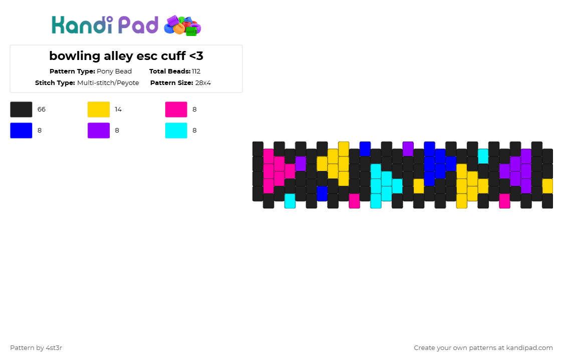 bowling alley esc cuff - Pony Bead Pattern by 4st3r on Kandi Pad - black,yellow,purple,80s,90s,retro,cuff