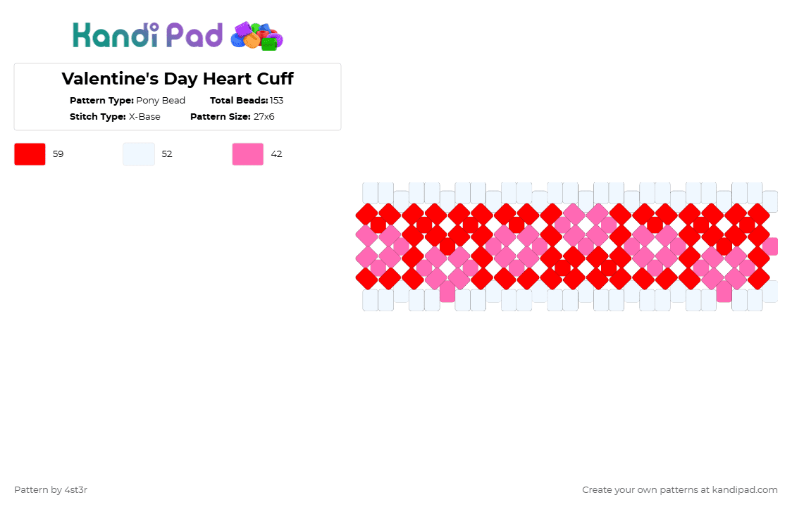 Valentine\'s Day Heart Cuff - Pony Bead Pattern by 4st3r on Kandi Pad - pink,red,valentines day,hearts,cute,white,cotdboldcolors,rainbow