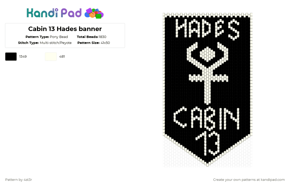 Cabin 13 Hades banner - Pony Bead Pattern by 4st3r on Kandi Pad - white,black,banner,pjo,percy jackson,hoo