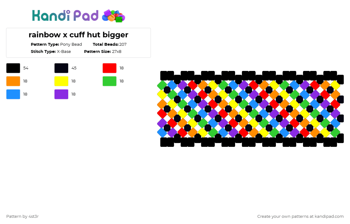 rainbow x cuff hut bigger - Pony Bead Pattern by 4st3r on Kandi Pad - black,orange,green,purple,colorful,cotdboldcolors,rainbow