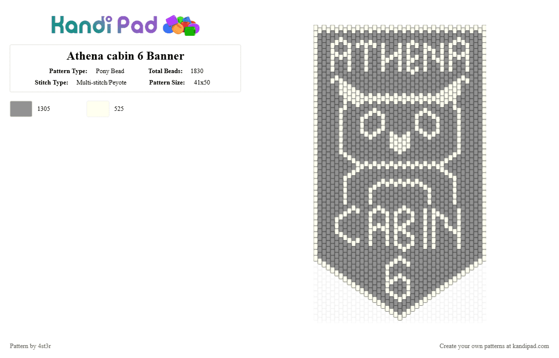 Athena cabin 6 Banner - Pony Bead Pattern by 4st3r on Kandi Pad - athena, banner, gray, hoo, owl, percy jackson, pjo, white