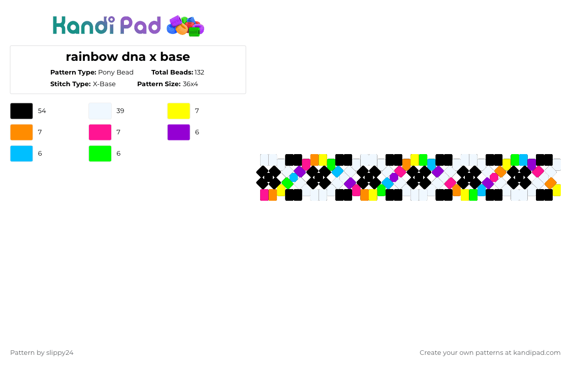 rainbow dna x base - Pony Bead Pattern by slippy24 on Kandi Pad - white,light blue,yellow,pink,colorful,x base,dna cuff,rainbow