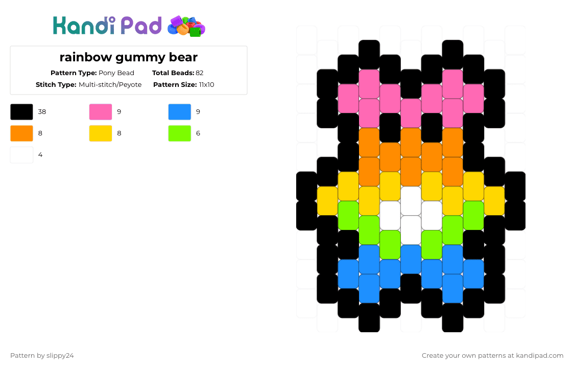 rainbow gummy bear - Pony Bead Pattern by slippy24 on Kandi Pad - black,pink,light blue,colorful,bear,gummy bear,charm,candy,food,rainbow