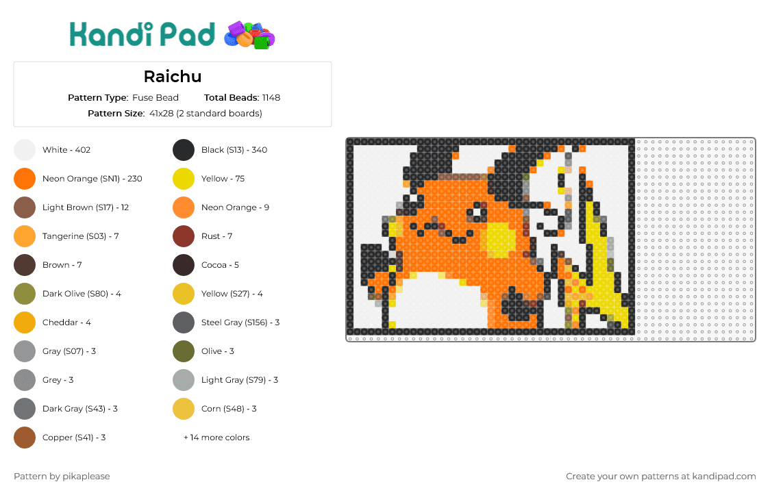 Raichu - Fuse Bead Pattern by pikaplease on Kandi Pad - raichu,pokemon,pikachu,dynamic,electrifying,creativity,orange