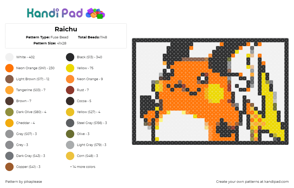 Raichu - Fuse Bead Pattern by pikaplease on Kandi Pad - raichu,pokemon,pikachu,electrifying,orange