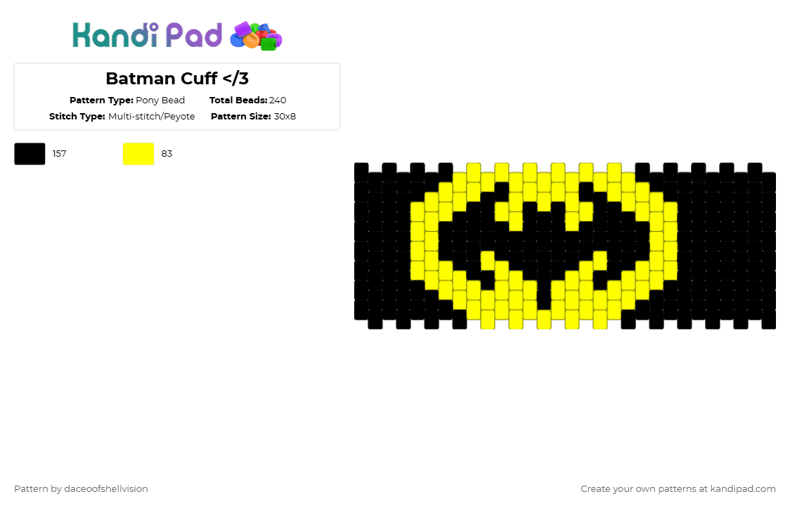 Batman Cuff - Pony Bead Pattern by daceoofshellvision on Kandi Pad - yellow,black,batman