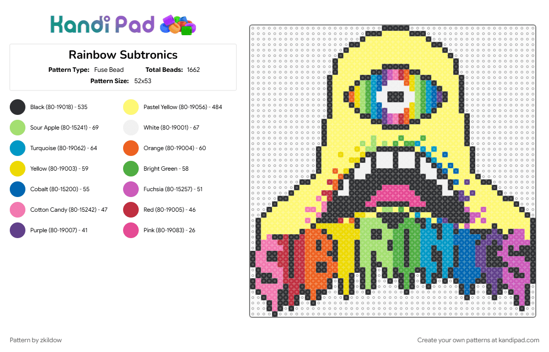 Rainbow Subtronics - Fuse Bead Pattern by zkildow on Kandi Pad - green, pink, yellow